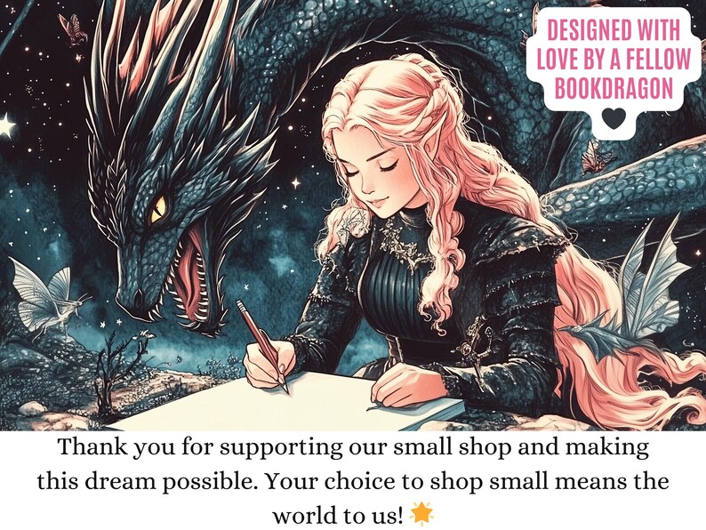 a woman sitting at a table writing in front of a dragon