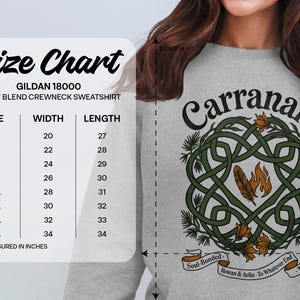 Gildan 18000 sweatshirt size chart with Celtic knot design.
