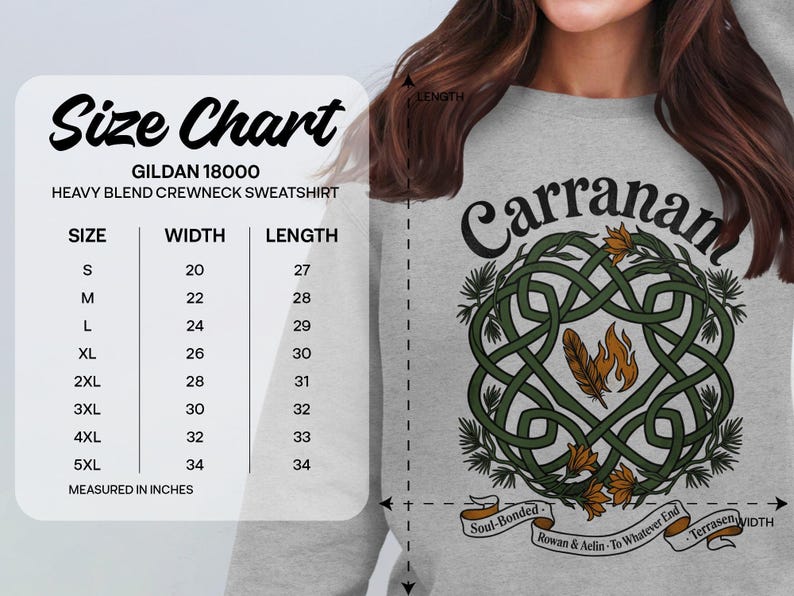Gildan 18000 sweatshirt size chart with Celtic knot design.