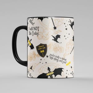 a black and white coffee mug with a harry potter pattern