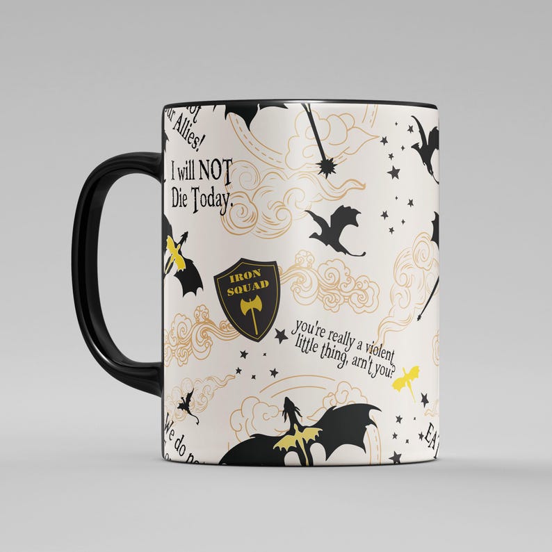 a black and white coffee mug with a harry potter pattern