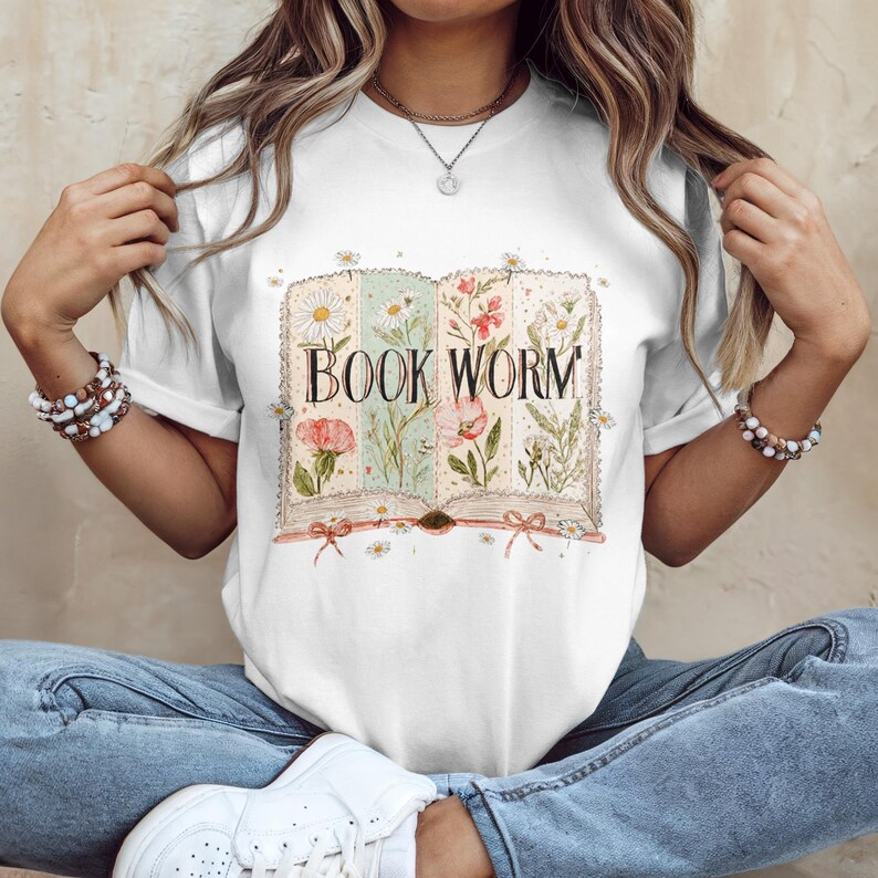 Book Worm T-Shirt, Book Lover Gift, Literary Shirt, Cute Bookish Apparel, Nature Themed Tee, Floral Reading Shirt, Bibliophile Top