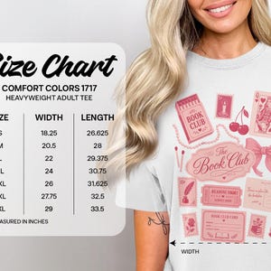 Size chart for Comfort Colors 1717 heavyweight adult tee with measurements.