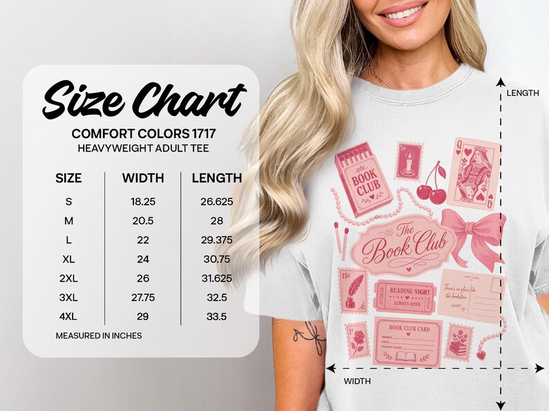 Size chart for Comfort Colors 1717 heavyweight adult tee with measurements.