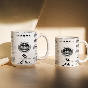 two coffee mugs sitting on a wooden table