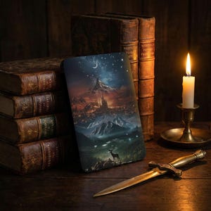 Fantasy Landscape Art, Mystical Mountain City, Crescent Moon Night Sky, Stag Deer Forest, Magical Realm Print, Enchanting Scenery, Epic Dark