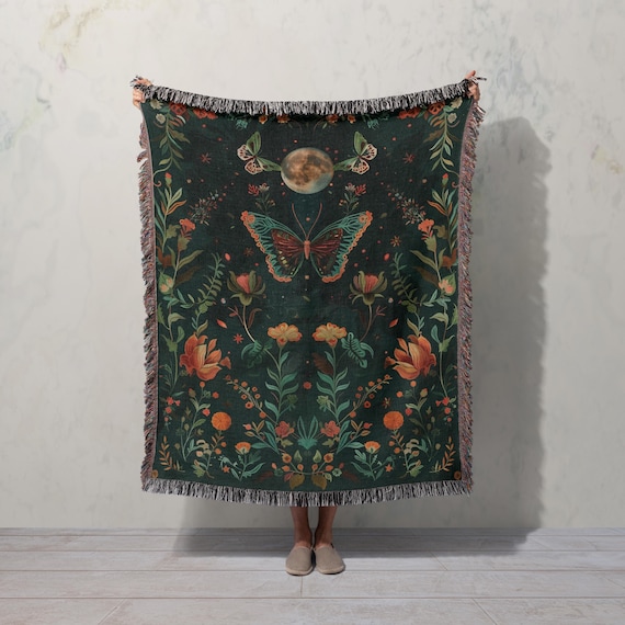 Mystic Moon Butterfly Throw Blanket, Whimsical Dark Floral Decor for Rustic Home, Perfect Housewarming Gift for Butterfly Lovers