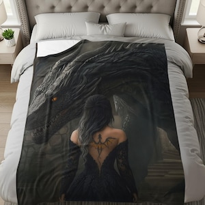 Dragon Illustration Throw Blanket, Gothic Fantasy Home Decor, Dark Themed Blanket, Unique Gifts for Fantasy Lovers