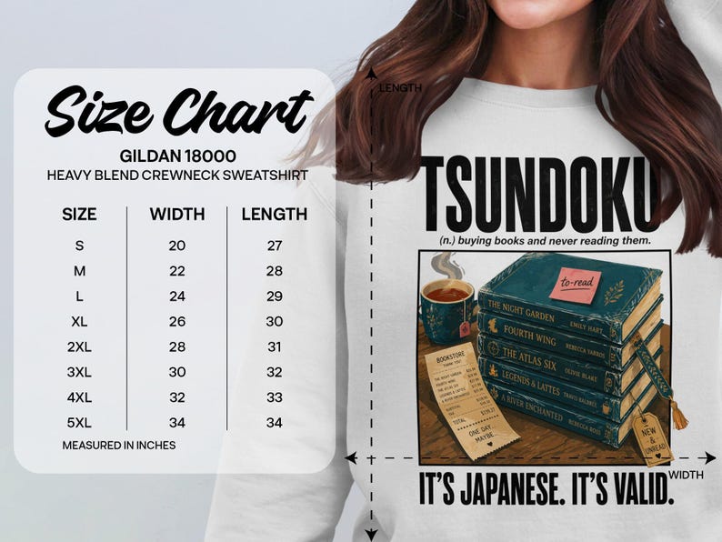 T-shirt size chart and graphic of stacked books titled "Tsundoku".