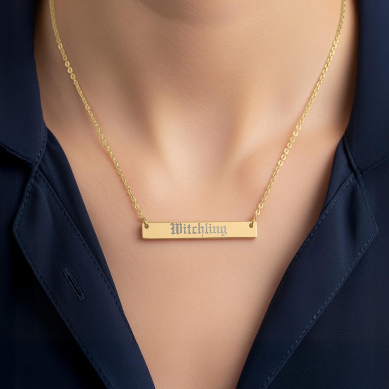 Personalized Necklace, Witchling Bar Necklace, Halloween Jewelry, Gothic Gift, Custom Nameplate, Minimalistic Jewelry, Witch Accessories