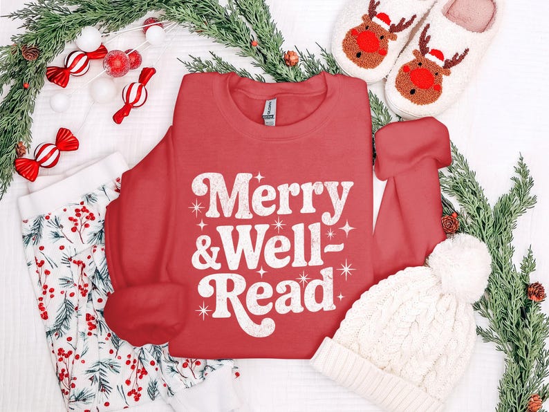 Merry and Well Read Sweatshirt, Cozy Christmas Reading Sweater, Holiday Season Apparel, Festive Winter Clothing for Book Lovers