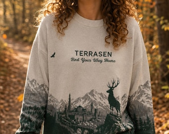 Terrasen Knitted Sweater, Throne of Glass Orynth Jacquard Jumper, Sarah J Maas Bookish Gift, Fantasy Reader Forest Stag Knitwear Winter Gift