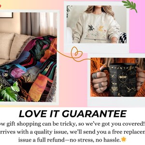 The image is a collage of three photos, featuring a person holding a mug, a person wearing a sweater, and a person sitting on a couch. The text overlay provides a guarantee for the quality of the gift shopping, stating that if the order arrives with a quality issue, the customer will receive a full replacement or issue a full refund without any hassle.