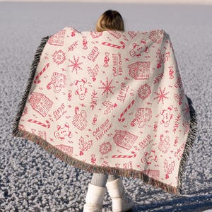 Festive Red Christmas Woven Blanket Cozy Winter Holiday Throw with Gingerbread, Hot Cocoa & Snowflake Design Perfect Gift Idea
