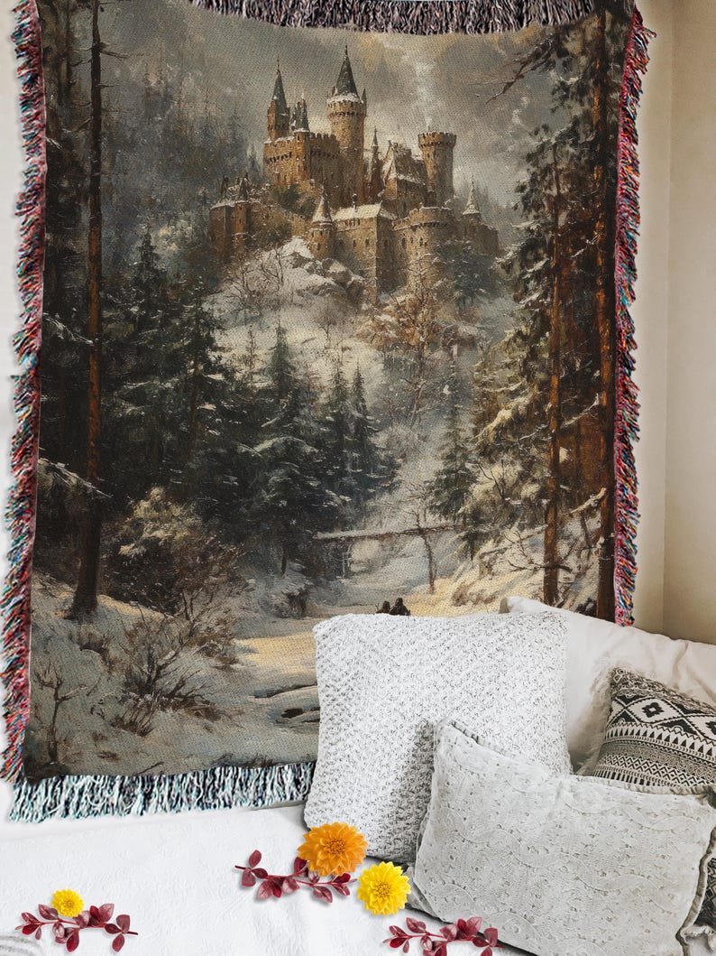 a tapestry hanging on the wall of a bedroom