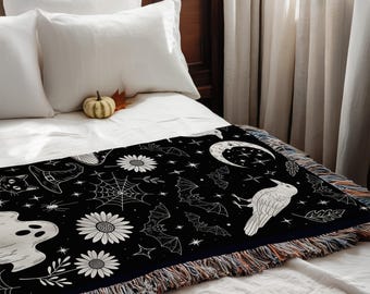 Halloween Blanket Tapestry Blanket Comfy Blanket Whimsigoth Decor Spooky Blanket Witchy Blanket Booklover Gift Cozy Home Decor