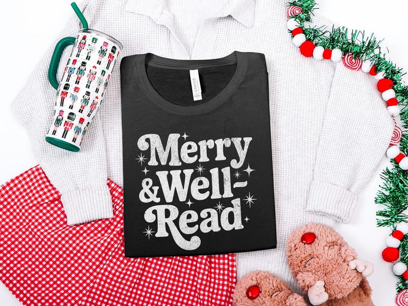 Merry and Well Read shirt, Christmas graphic tee, holiday book lover shirt, cozy Christmas outfit, festive reading shirt