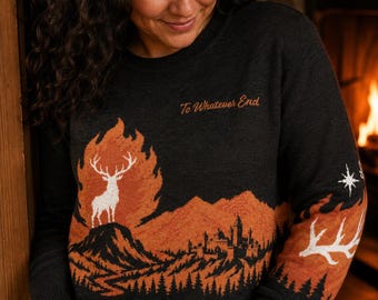 To Whatever End Knitted Sweater, Throne of Glass Fireheart Jacquard Jumper, Terrasen Stag Bookish Gift, Sarah J Maas Fantasy Reader Knitwear