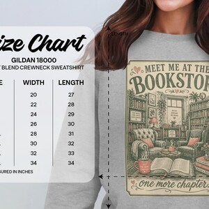 Gildan 18000 sweatshirt size chart with a graphic of a cozy bookstore scene.