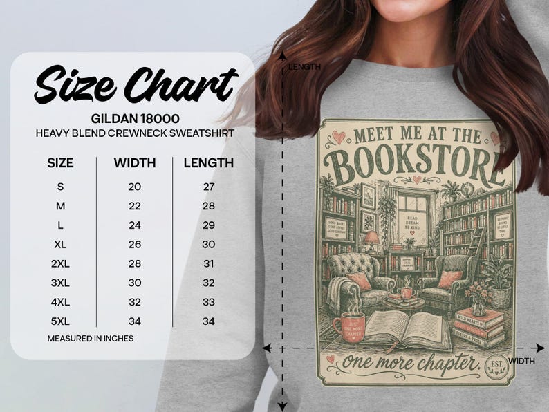 Gildan 18000 sweatshirt size chart with a graphic of a cozy bookstore scene.