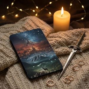 May include: A phone case with a fantasy landscape design, depicting a deer, mountains, and a city beneath a starry sky. A lit candle, decorative dagger, and gold rings are arranged on a beige knitted surface, creating a cosy, mystical scene.