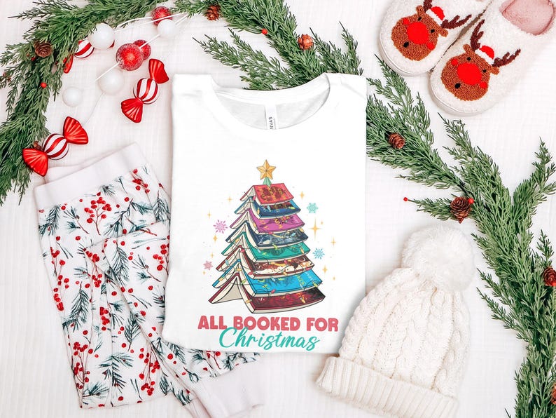 All Booked for Christmas Shirt, Christmas Pajamas Set, Holiday Book Lover Gift, Winter Reading Outfit, Festive Sleepwear for Readers