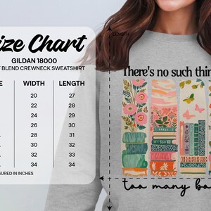 Gildan 18000 size chart with book illustration and text "too many books."