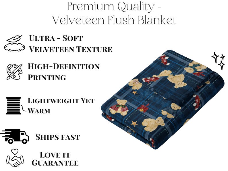 The image is a promotional image for a premium quality velvet plush blanket. It features a close-up of the blanket with a blue background and a pattern of teddy bears. The image highlights the blanket's features such as the velvet texture, high-definition printing, lightweight yet warm design, fast shipping, and the guarantee of loving it.