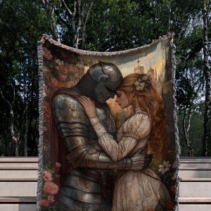 Romantic Knight and Maiden Woven Blanket, Medieval Fantasy Throw, Elegant Tapestry-Style Decor, Fairytale Gift for Couples