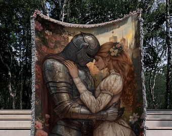 Romantic Knight and Maiden Woven Blanket, Medieval Fantasy Throw, Elegant Tapestry-Style Decor, Fairytale Gift for Couples