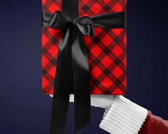 Rollo de papel de regalo navideño a cuadros rojos, papel de regalo navideño, papel de regalo festivo, regalos navideños, envoltura de regalos festivos