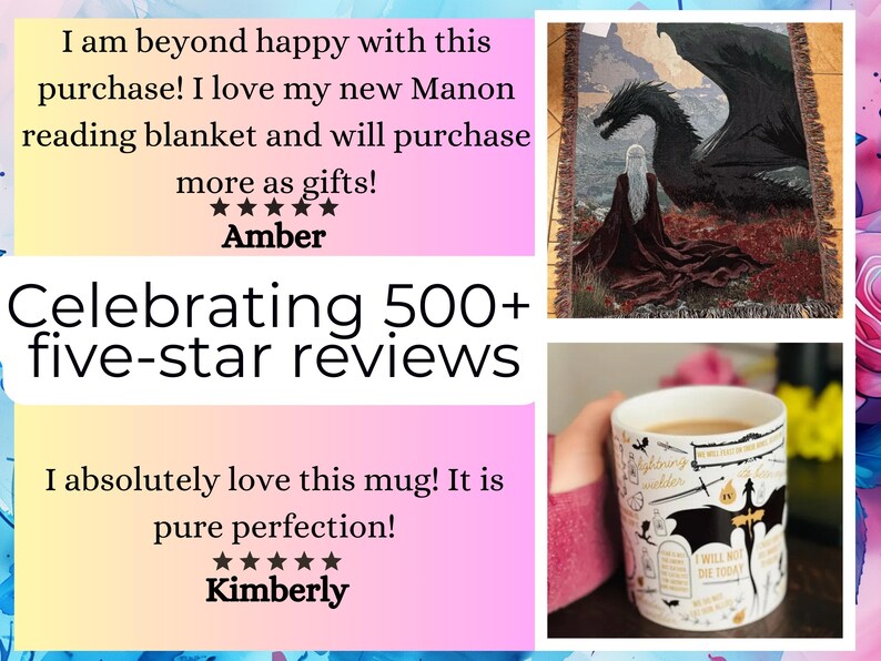 The image is a collage of three photos: a close-up of a person holding a mug, a close-up of a dragon, and a close-up of a painting. The text in the image includes positive feedback about the purchase, such as the person's love for the new Manon reading blanket and the mug, as well as a celebration of the mug's perfection.