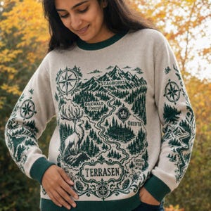 Terrasen Knitted Sweater, Throne of Glass Jacquard Jumper, Orynth Map Bookish Gift, Sarah J Maas Fantasy Reader Forest Knitwear for TOG Fans