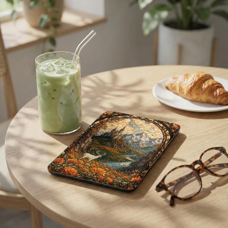 Tablet with stained glass design of castle, mountains, deer, and flowers; iced drink; croissant on plate.