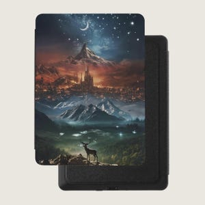 Fantasy Mountain City, Starry Night Sky, Majestic Stag, Magical Deer, Crescent Moon, Enchanted Forest, Mystical Landscape Art
Fantasy Art