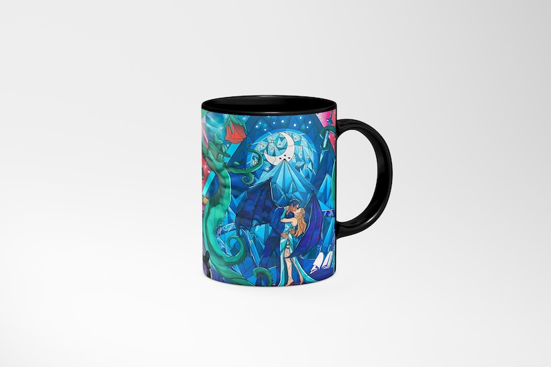 a coffee mug with a painting of a mermaid and a man