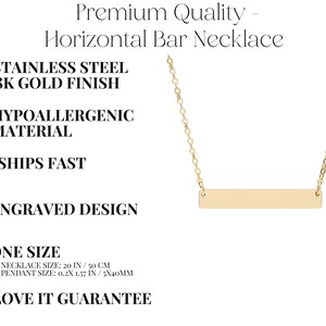 The image is a promotional image for a stainless steel 18k gold finish necklace. It highlights the necklace's premium quality, hypoallergenic material, fast shipping, engraved design, size options, and a guarantee.