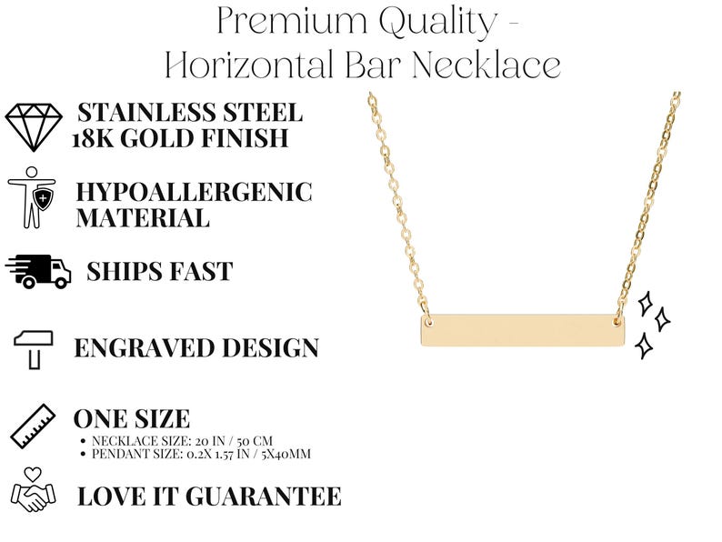 The image is a promotional image for a stainless steel 18k gold finish necklace. It highlights the necklace's premium quality, hypoallergenic material, fast shipping, engraved design, size options, and a guarantee.