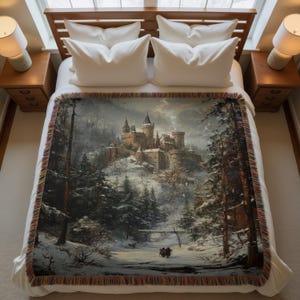 a bed with a picture of a castle on it