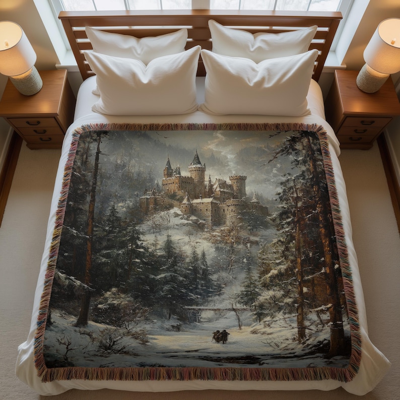 a bed with a picture of a castle on it