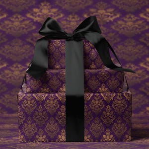 Purple and Gold Damask Gift Wrap, Elegant Present Wrapping Paper, Luxury Gift Packaging, Fancy Decorative Wrap, Exquisite Gifting