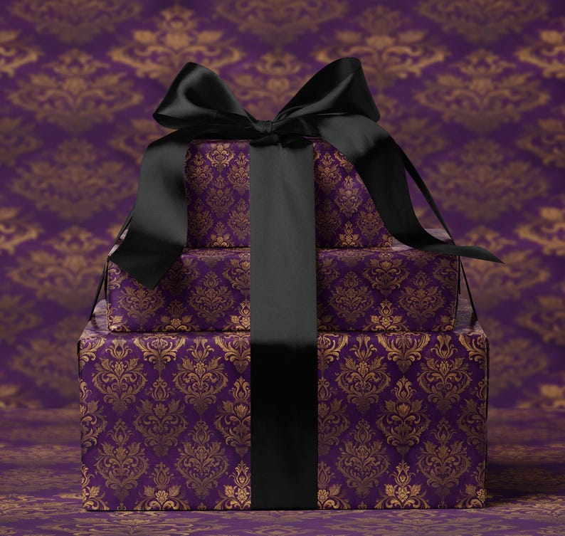 Purple and Gold Damask Gift Wrap, Elegant Present Wrapping Paper, Luxury Gift Packaging, Fancy Decorative Wrap, Exquisite Gifting