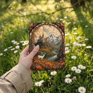 Stained glass art depicts a castle, mountains, river, deer, and flowers.