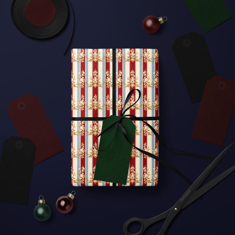 Christmas gift wrap, holiday present wrapping, festive packaging, elegant gift wrap, striped gift paper, Christmas decor