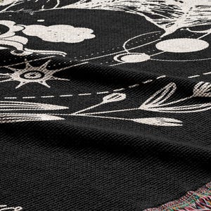 a close up of a black and white rug with a pattern