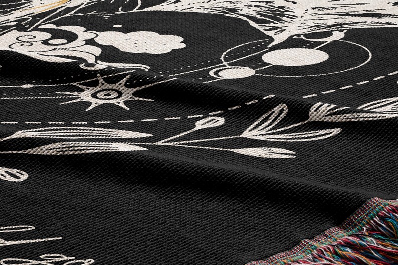 a close up of a black and white rug with a pattern