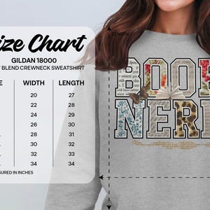 Size chart for Gildan 18000 sweatshirt with measurements and "Book Nerd" text.