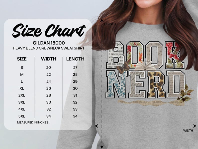Size chart for Gildan 18000 sweatshirt with measurements and "Book Nerd" text.