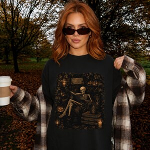 Fall Reading Ghost Reader T-Shirt Memento Mori Halloween Bookish Gift Dark Academia Spooky Season Book Lover Tee