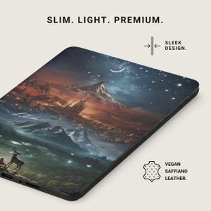 Mystical Mountain City Night Sky Art, Deer Stag Wildlife Fantasy Landscape, Celestial Moon Stars Dreamlike Design